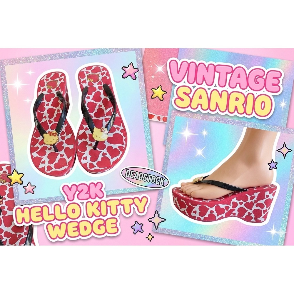 Vtg Y2K Hello Kitty Sanrio Heart Print Wedge Flip Flops - Youth Size (8.5" Sole)